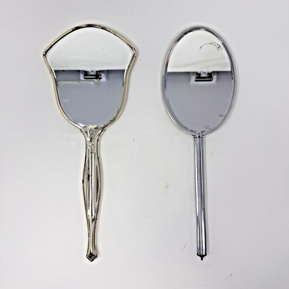 Lot of 2 Vintage Hand Mirrors – Ornate Vanity Mirror & Chrome Handle Oval Mirror - Picture 1 of 16